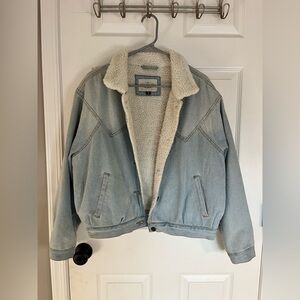 Ashley Vintage Charm Light Blue Sherpa-Lined Denim Bomber Jacket - Size Large